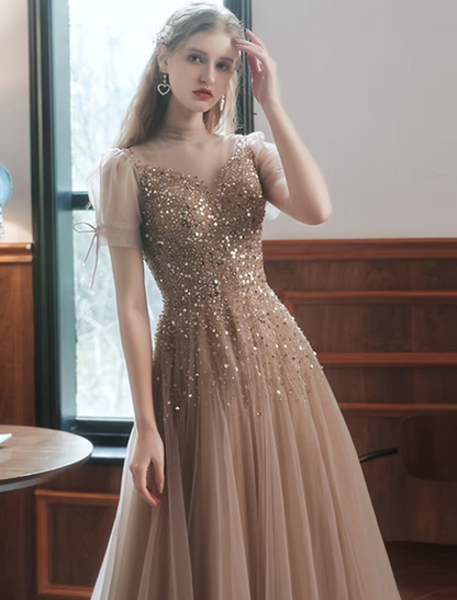 A-Line Prom Dresses Sparkle Dress Engagement Floor Length Sleeveless High Neck Tulle with Bow(s) Beading Sequin