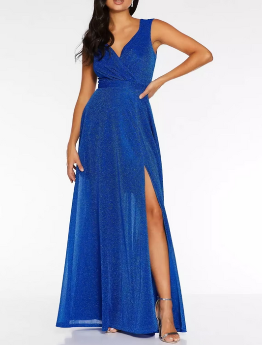 A-Line Prom Dresses Glittering Dress Holiday Floor Length Sleeveless V Neck Polyester with Sequin Slit