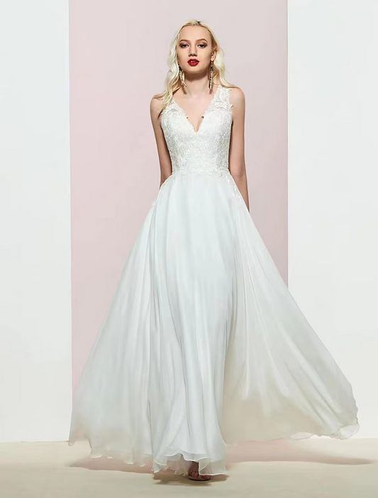 A-Line Evening Gown Open Back Dress Wedding Party Floor Length Sleeveless V Neck Chiffon with Appliques