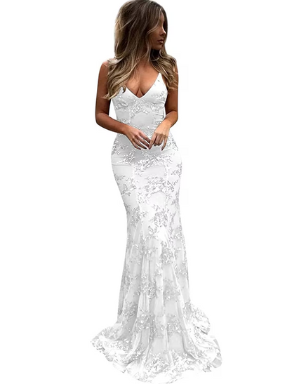 Mermaid / Trumpet Prom Dresses Sparkle & Shine Dress Formal Sweep / Brush Train Sleeveless V Neck Lace with Sequin