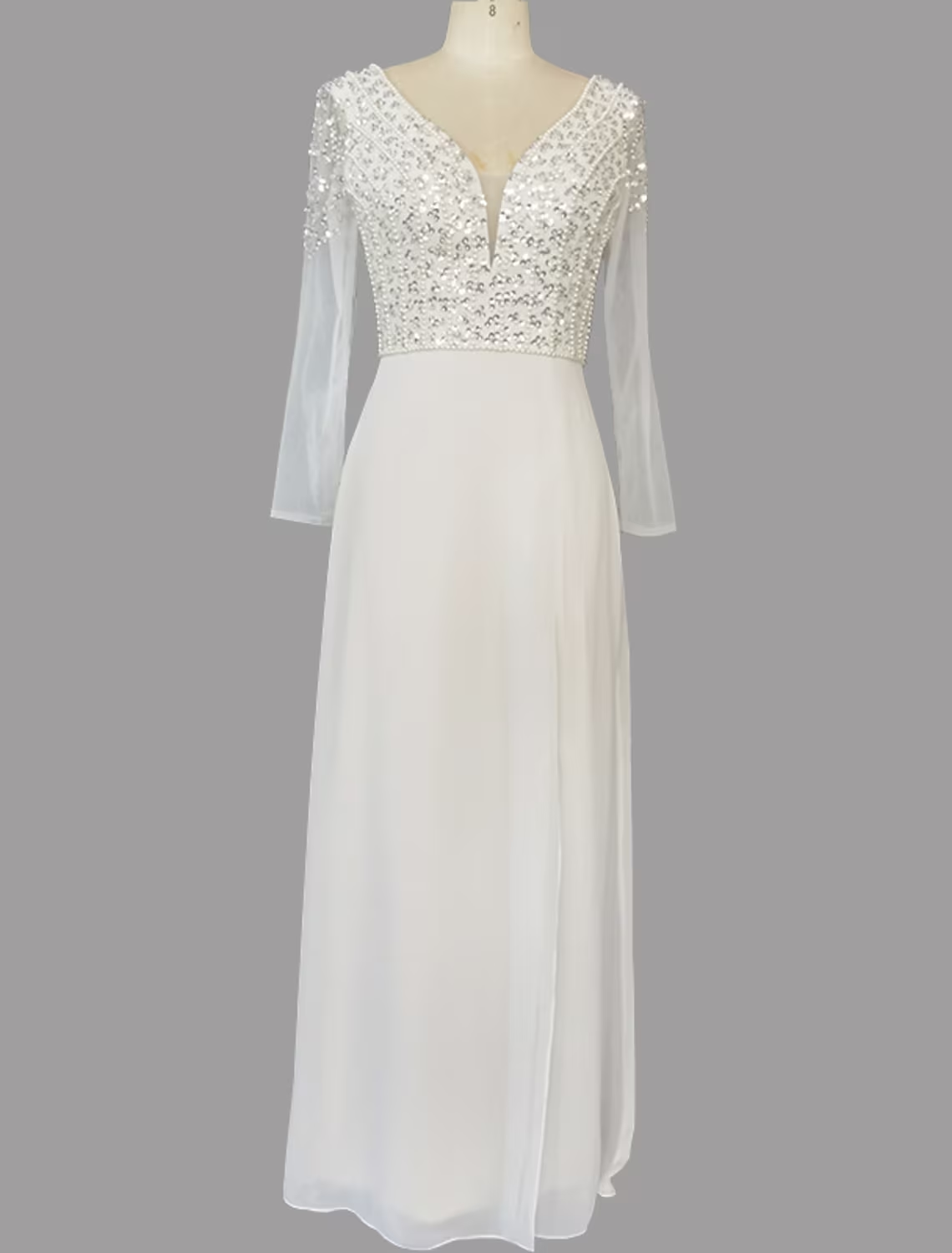 A-Line Evening Gown Glittering Dress Engagement Sweep / Brush Train Short Sleeve V Neck Chiffon with Sequin Slit