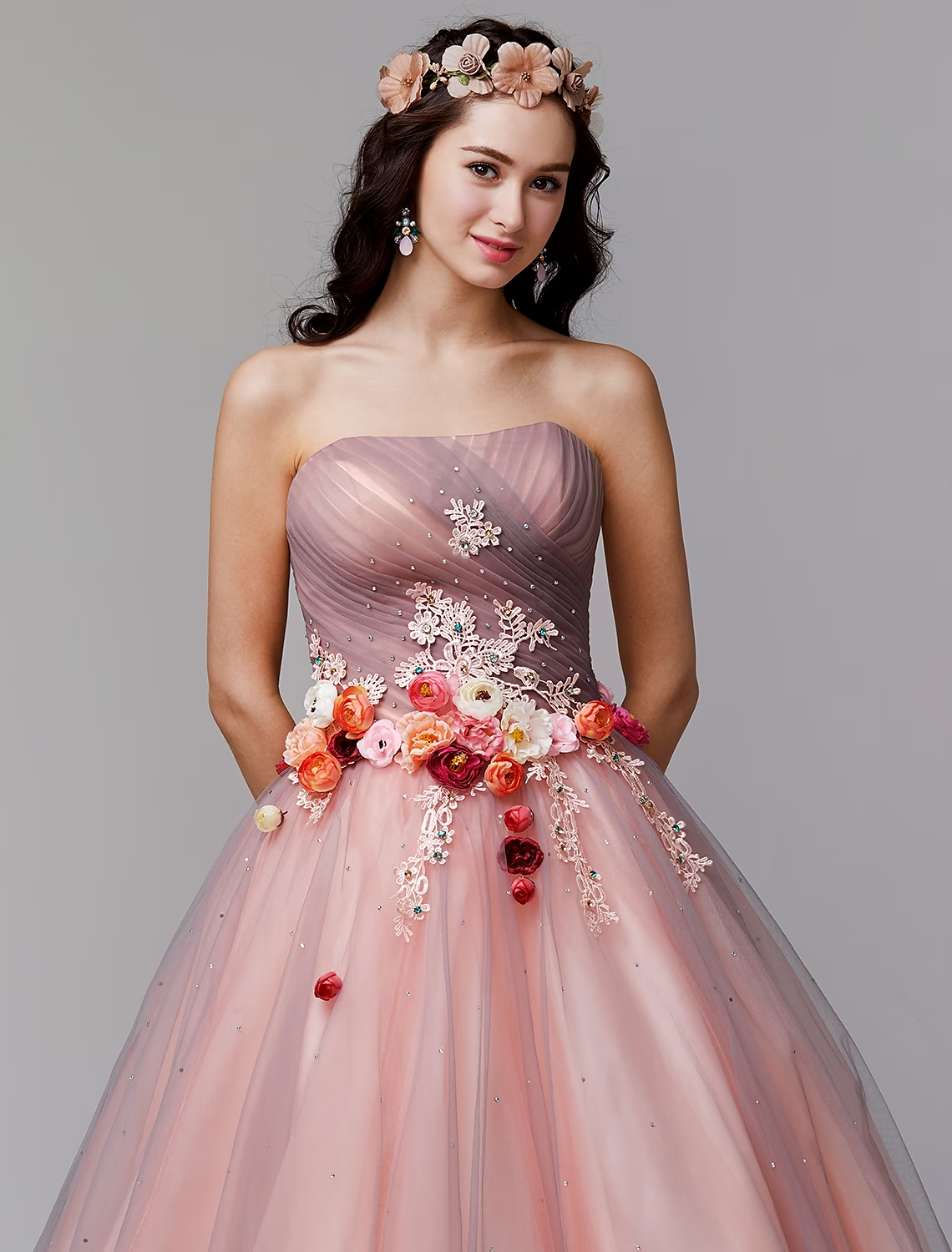 Ball Gown Floral Formal Evening Dress Strapless Sleeveless Floor Length Tulle with Pleats Flower