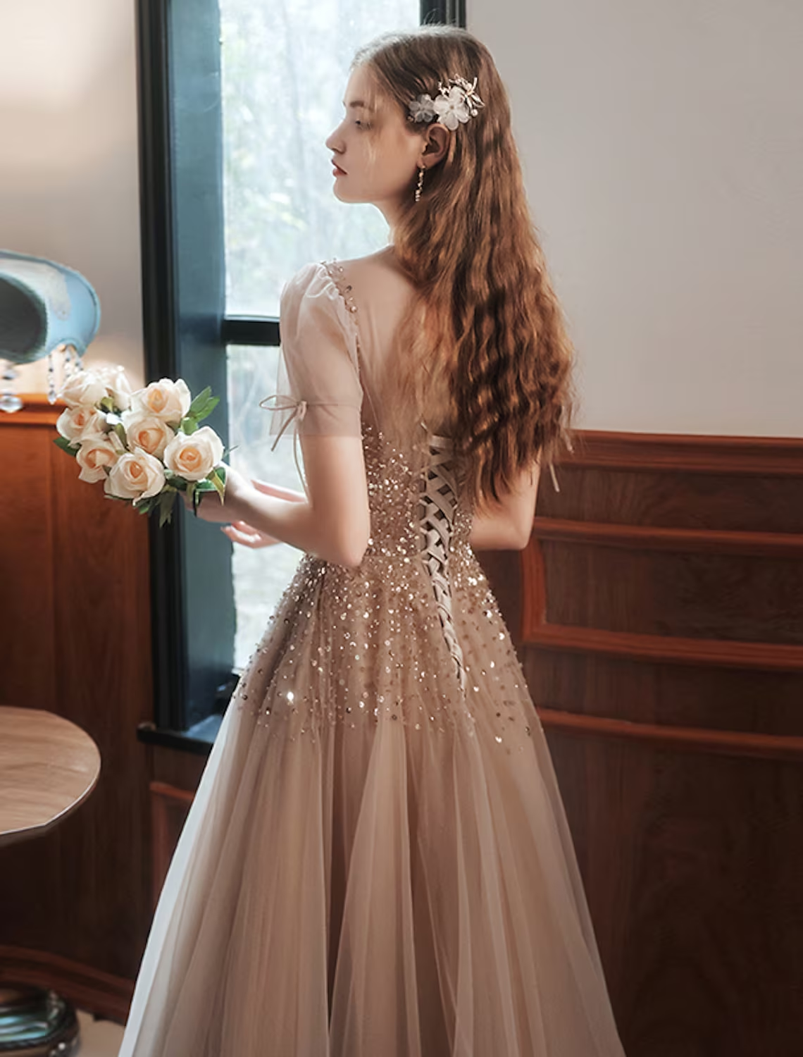 A-Line Prom Dresses Sparkle Dress Engagement Floor Length Sleeveless High Neck Tulle with Bow(s) Beading Sequin