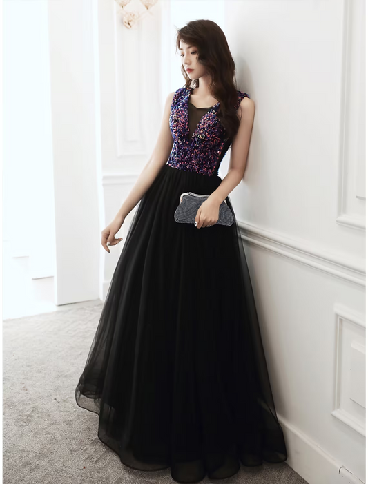 A-Line Glittering Minimalist Wedding Guest Prom Dress V Neck Sleeveless Floor Length Sequined with Sequin