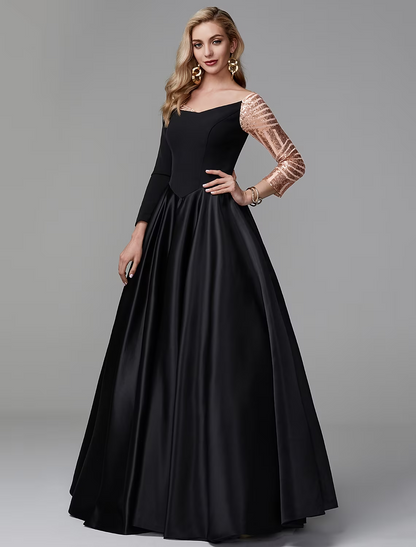 Ball Gown Sparkle Quinceanera Formal Evening Dress Off Shoulder Long Sleeve Floor Length Satin with Sequin