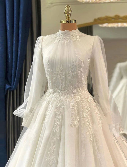 Engagement Vintage 1940s / 1950s Formal Wedding Dresses Chapel Train Princess Long Sleeve High Neck Lace With Pleats Appliques