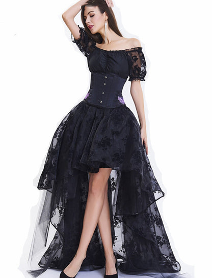 A-Line Prom Dresses Vintage Dress Masquerade Asymmetrical Short Sleeve Off Shoulder Lace with Embroidery Appliques