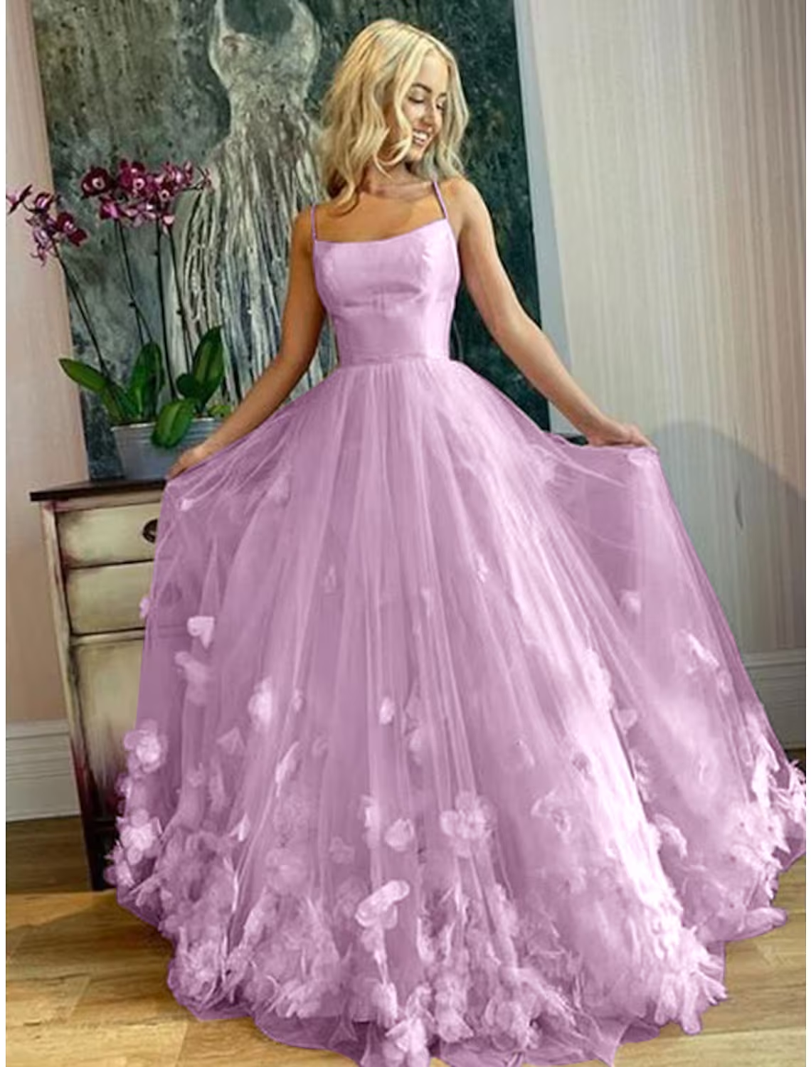 A-Line Prom Dresses Elegant Dress Engagement Floor Length Sleeveless Spaghetti Strap Tulle with Pleats Appliques