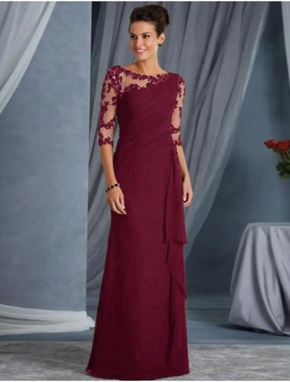 Sheath / Column Evening Gown Elegant Dress Wedding Guest Floor Length Half Sleeve Jewel Neck Lace with Appliques