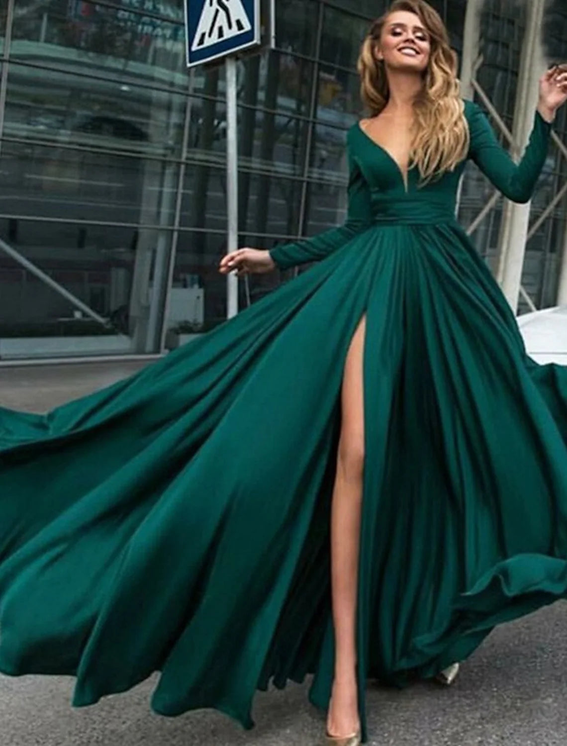 A-Line Evening Gown Empire Dress Holiday Floor Length Long Sleeve V Neck Chiffon V Back with Slit Pure Color