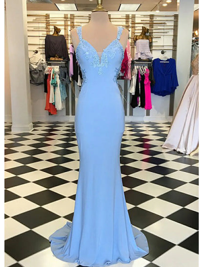 Trumpet/Mermaid Scalloped Neck Sleeveless Sweep Train  Satin Prom Dress With Appliqued