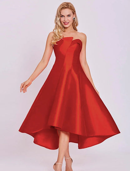 A-Line Cocktail Dresses Minimalist Dress Homecoming Tea Length Sleeveless Strapless Satin with Sleek