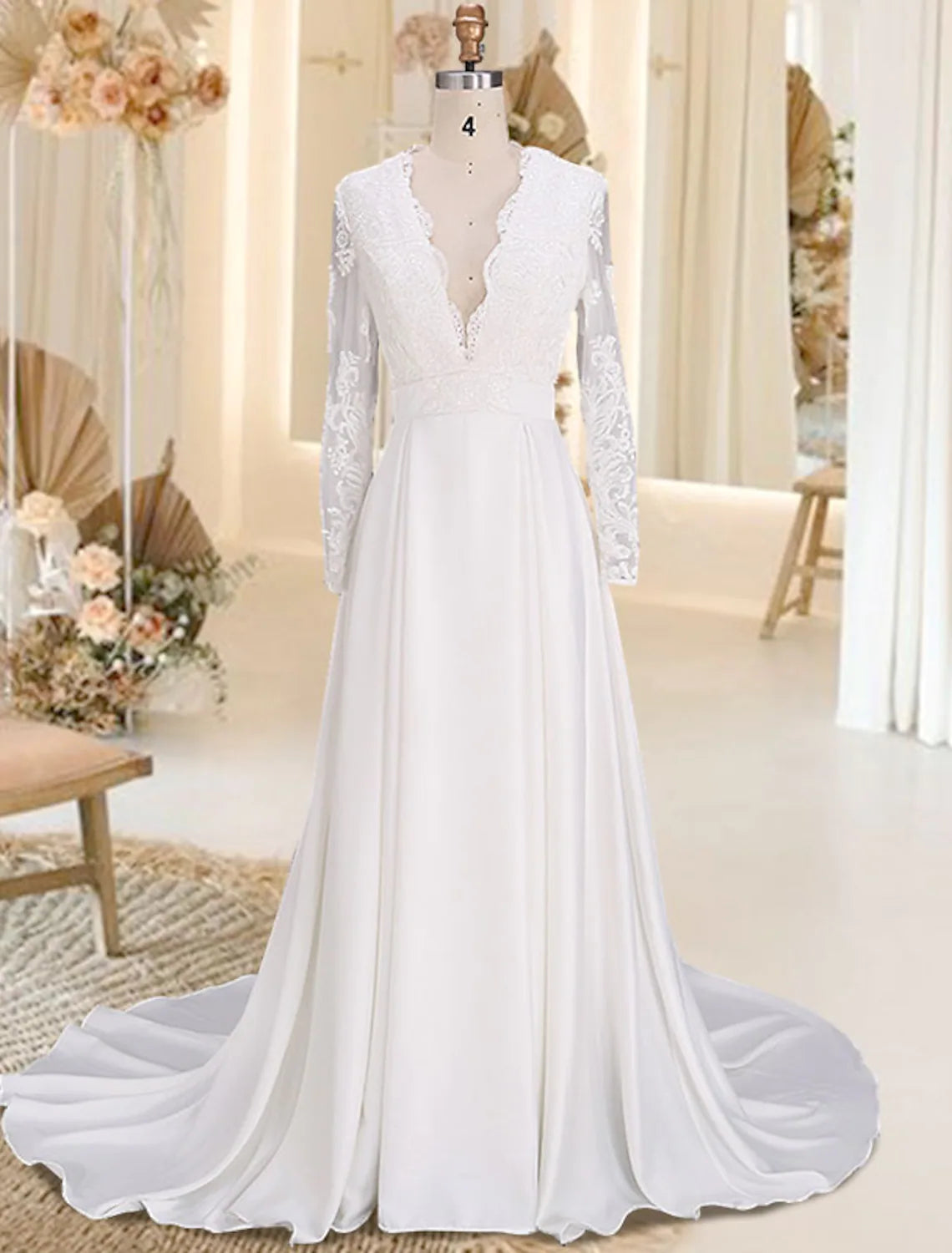 Beach Open Back Wedding Dresses Court Train A-Line Long Sleeve V Neck Satin With Appliques