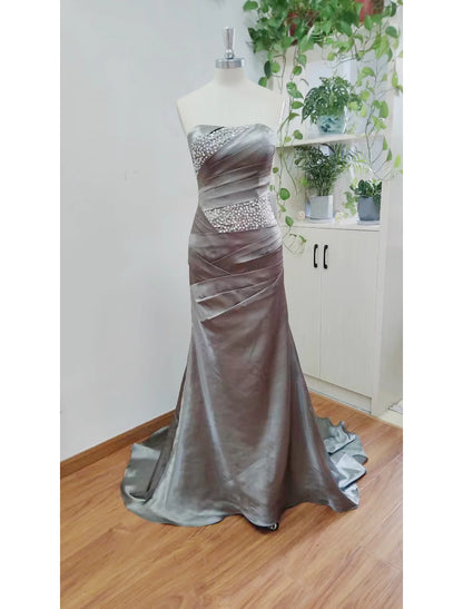 Mermaid / Trumpet Elegant Sparkle & Shine Wedding Guest Formal Evening Dress Strapless Sleeveless Sweep / Brush Train Satin with Crystals