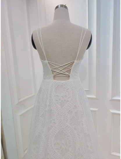 Beach Boho Wedding Dresses Chapel Train A-Line Sleeveless Sweetheart Lace With Pleats