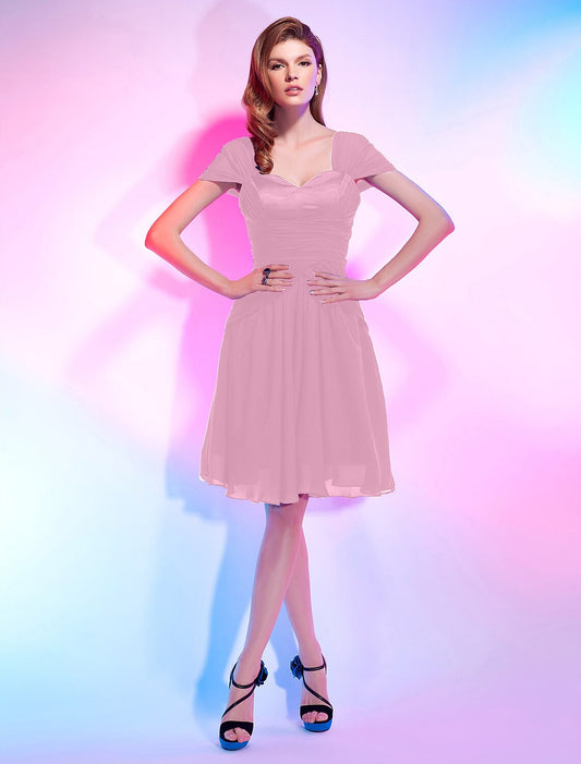 A-Line Cute Dress Homecoming Knee Length Short Sleeve Sweetheart Chiffon with Draping