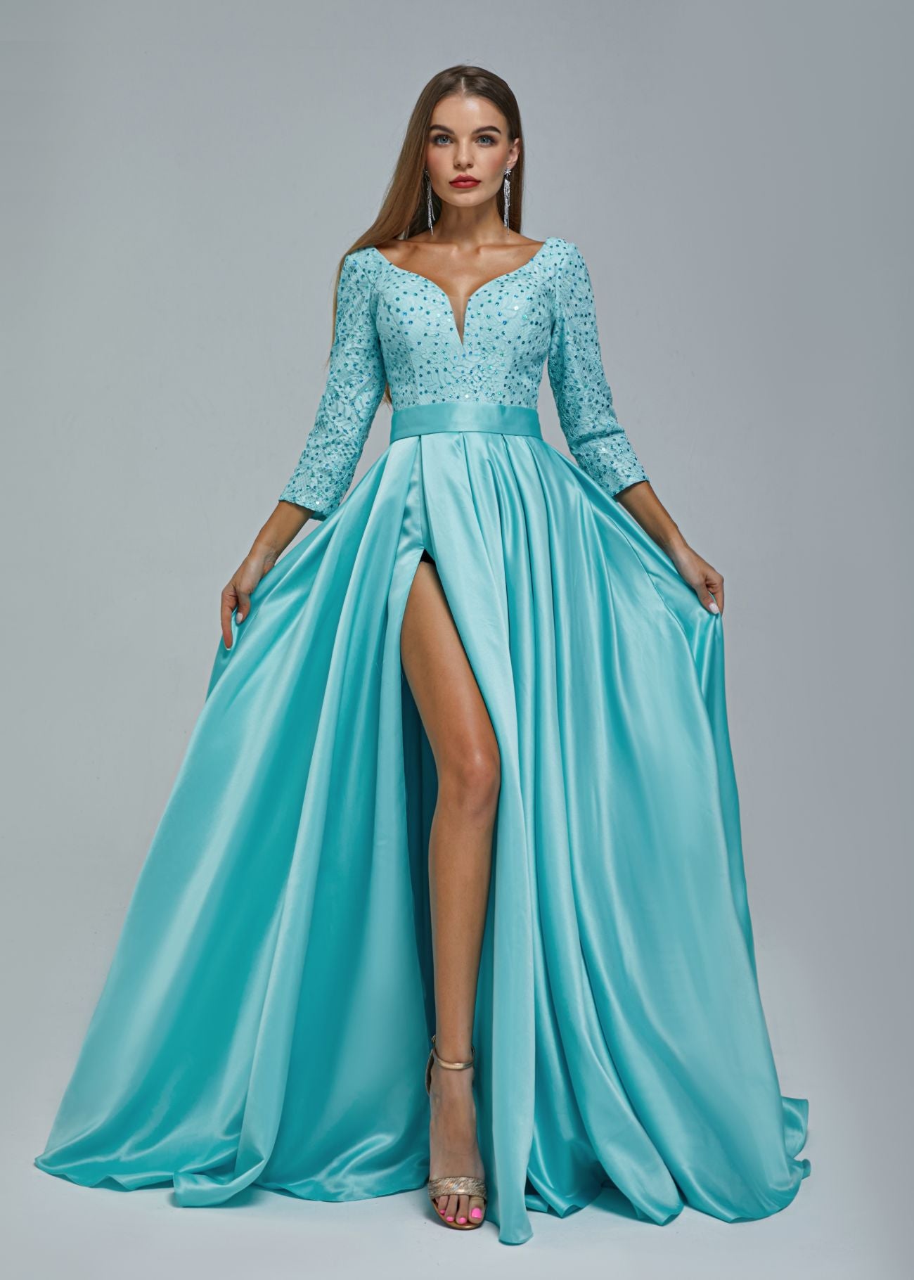 A-Line Evening Gown Elegant Dress Engagement Court Train 3/4 Length Sleeve V Neck Sequined with Sequin