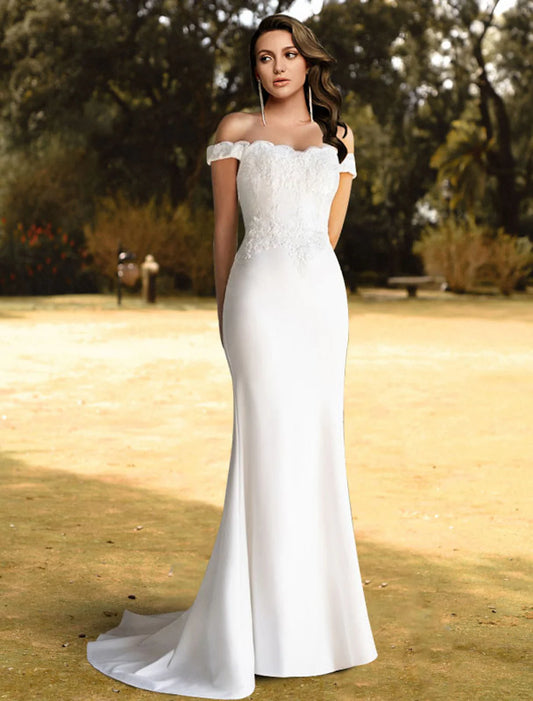 Beach Wedding Dresses Sweep / Brush Train Ball Gown Sleeveless Off Shoulder Lace With Appliques