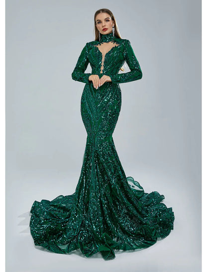 Mermaid / Trumpet Evening Gown Elegant Dress Engagement Court Train Long Sleeve Stand Collar Lace with Sequin