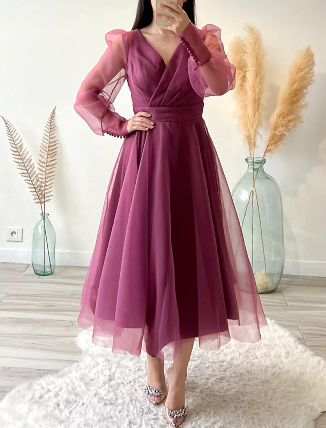 A-Line Cocktail Dresses Minimalist Dress Christmas Tea Length Long Sleeve V Neck Organza with Buttons Pure Color