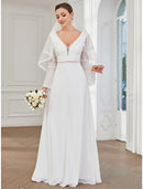 Hall Boho Wedding Dresses Floor Length A-Line Long Sleeve V Wire V Neck Chiffon With Lace Solid Color