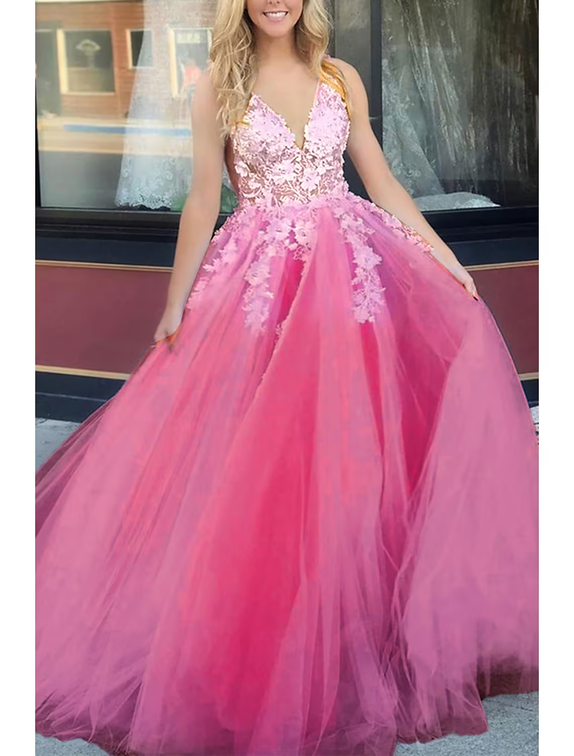 Ball Gown A-Line Prom Dresses Color Block Dress Formal Floor Length Sleeveless V Neck Tulle Backless V Back with Beading Appliques