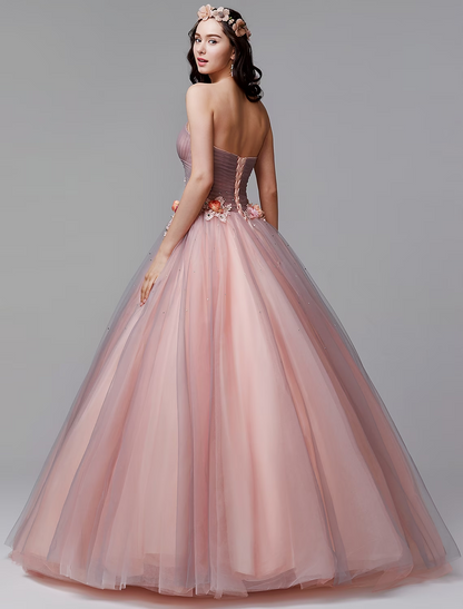 Ball Gown Floral Formal Evening Dress Strapless Sleeveless Floor Length Tulle with Pleats Flower