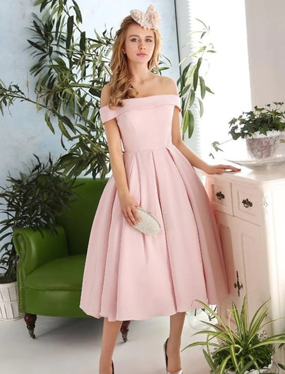 A-Line Cocktail Dresses Vintage Dress Engagement Tea Length Sleeveless Off Shoulder Stretch Fabric with Pleats