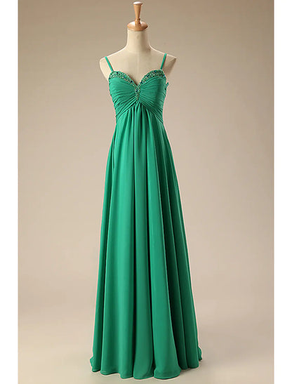 A-Line Prom Dresses Empire Dress Formal Floor Length Sleeveless Sweetheart Chiffon Backless with Pleats Ruched Beading