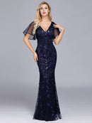 Mermaid / Trumpet Evening Gown Empire Dress Party Wear Floor Length Short Sleeve Jewel Neck Tulle with Ruffles Embroidery