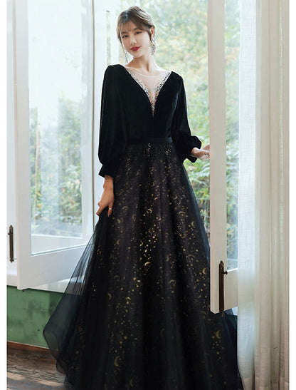 A-Line Evening Gown Sparkle Dress Wedding Guest Floor Length Long Sleeve V Neck Satin with Crystals Sequin