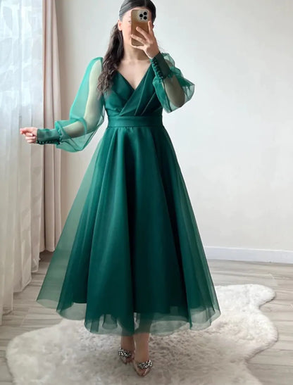 A-Line Cocktail Dresses Minimalist Dress Christmas Tea Length Long Sleeve V Neck Organza with Buttons Pure Color