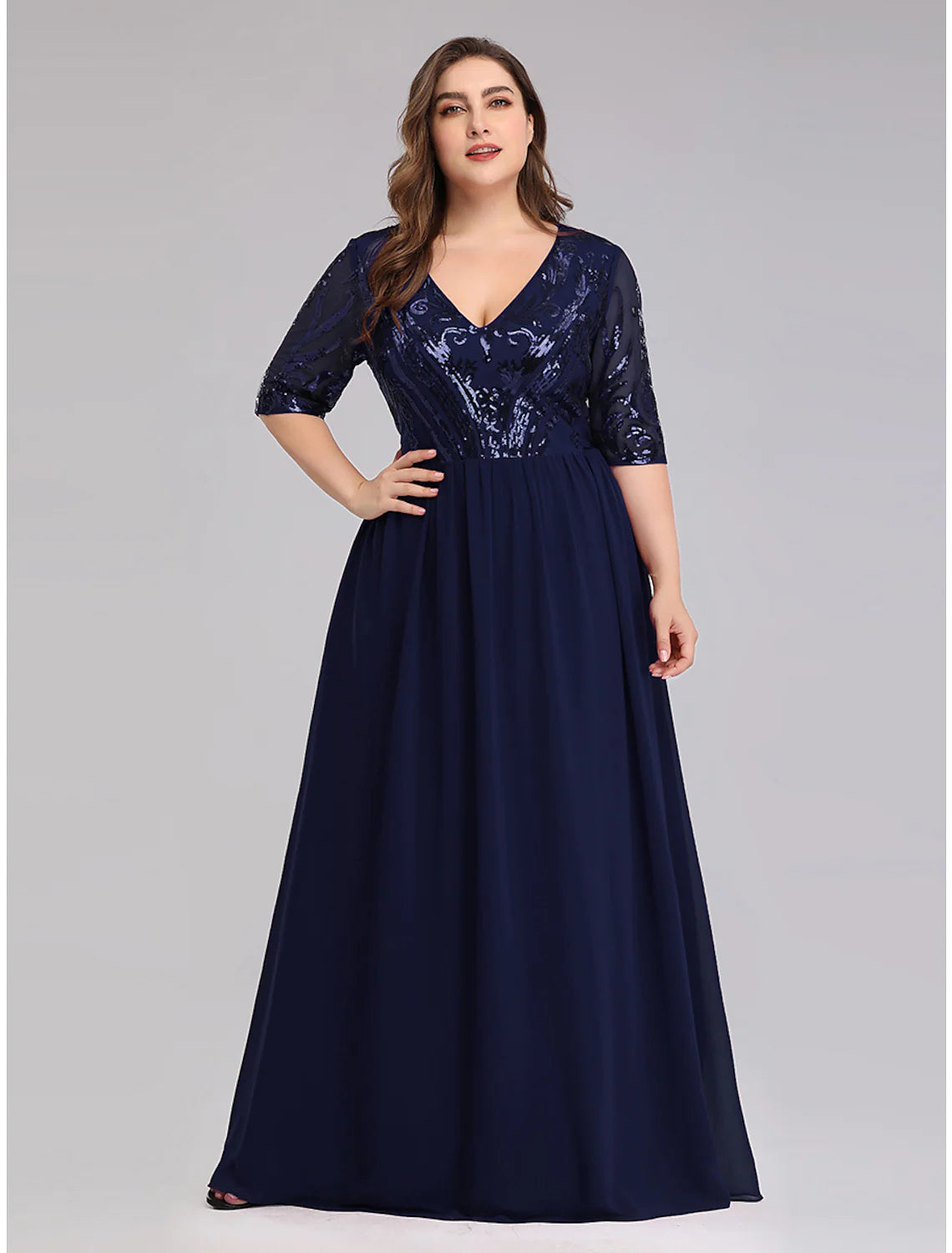 A-Line Prom Dresses Plus Size Dress Wedding Guest Floor Length Half Sleeve Plunging Neck Chiffon