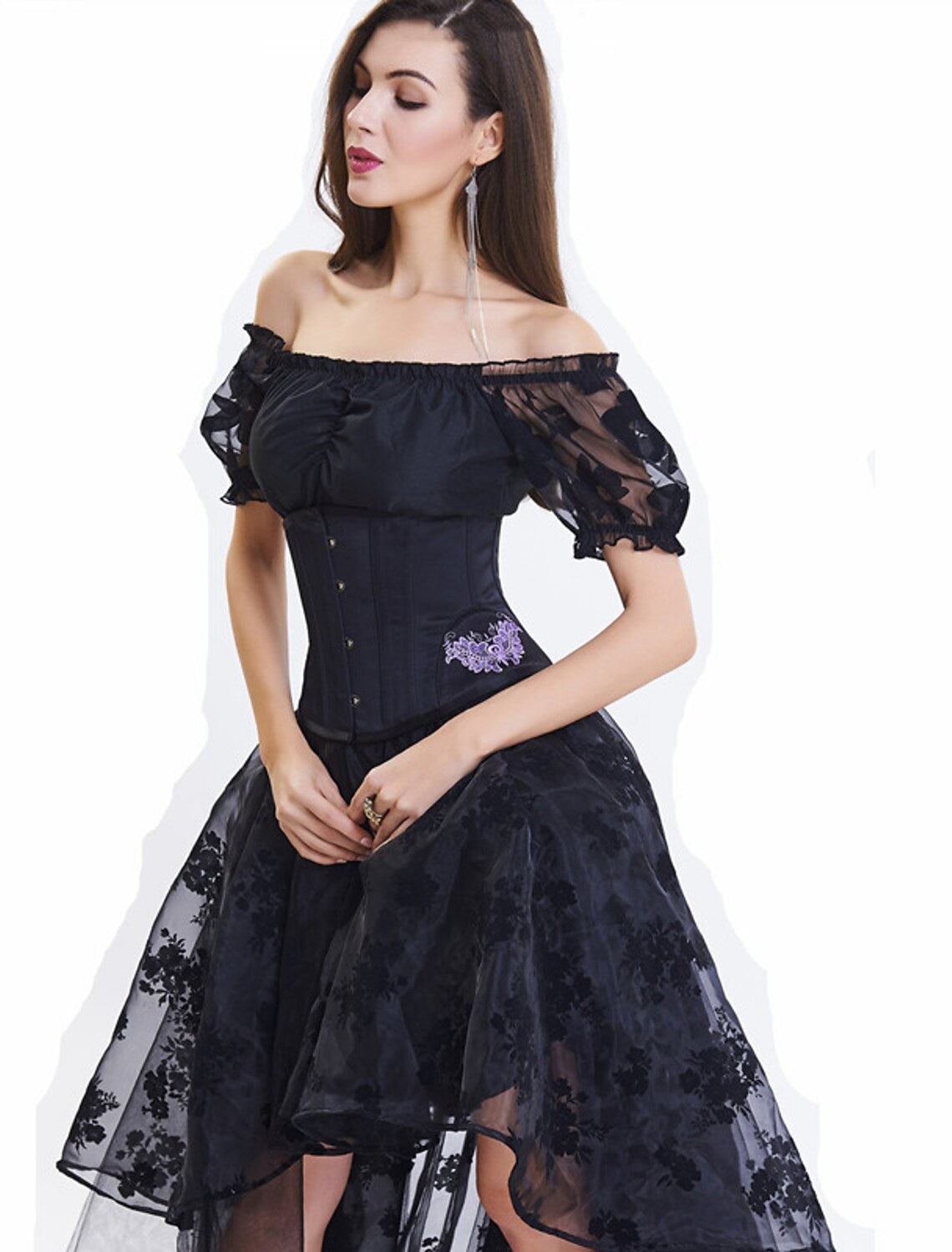 A-Line Prom Dresses Vintage Dress Masquerade Asymmetrical Short Sleeve Off Shoulder Lace with Embroidery Appliques