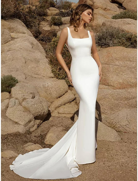 Beach Open Back Casual Wedding Dresses Court Train Mermaid / Trumpet Sleeveless Square Stretch Fabric With Buttons Solid Color