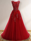 A-Line Prom Dresses Elegant Dress Wedding Guest Sweep / Brush Train Sleeveless Jewel Neck Tulle with Appliques