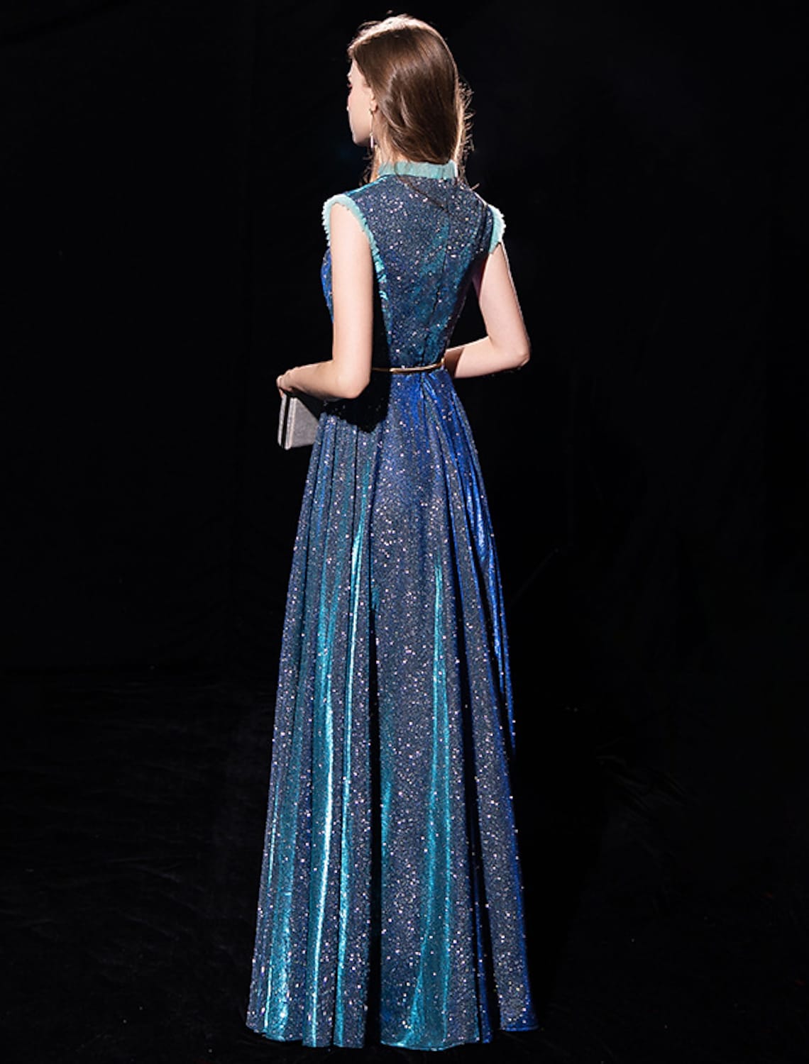 A-Line Elegant Sparkle & Shine Formal Evening Dress High Neck Sleeveless Floor Length Tulle with Sash / Ribbon