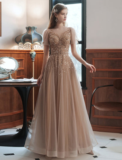 A-Line Prom Dresses Sparkle Dress Engagement Floor Length Sleeveless High Neck Tulle with Bow(s) Beading Sequin