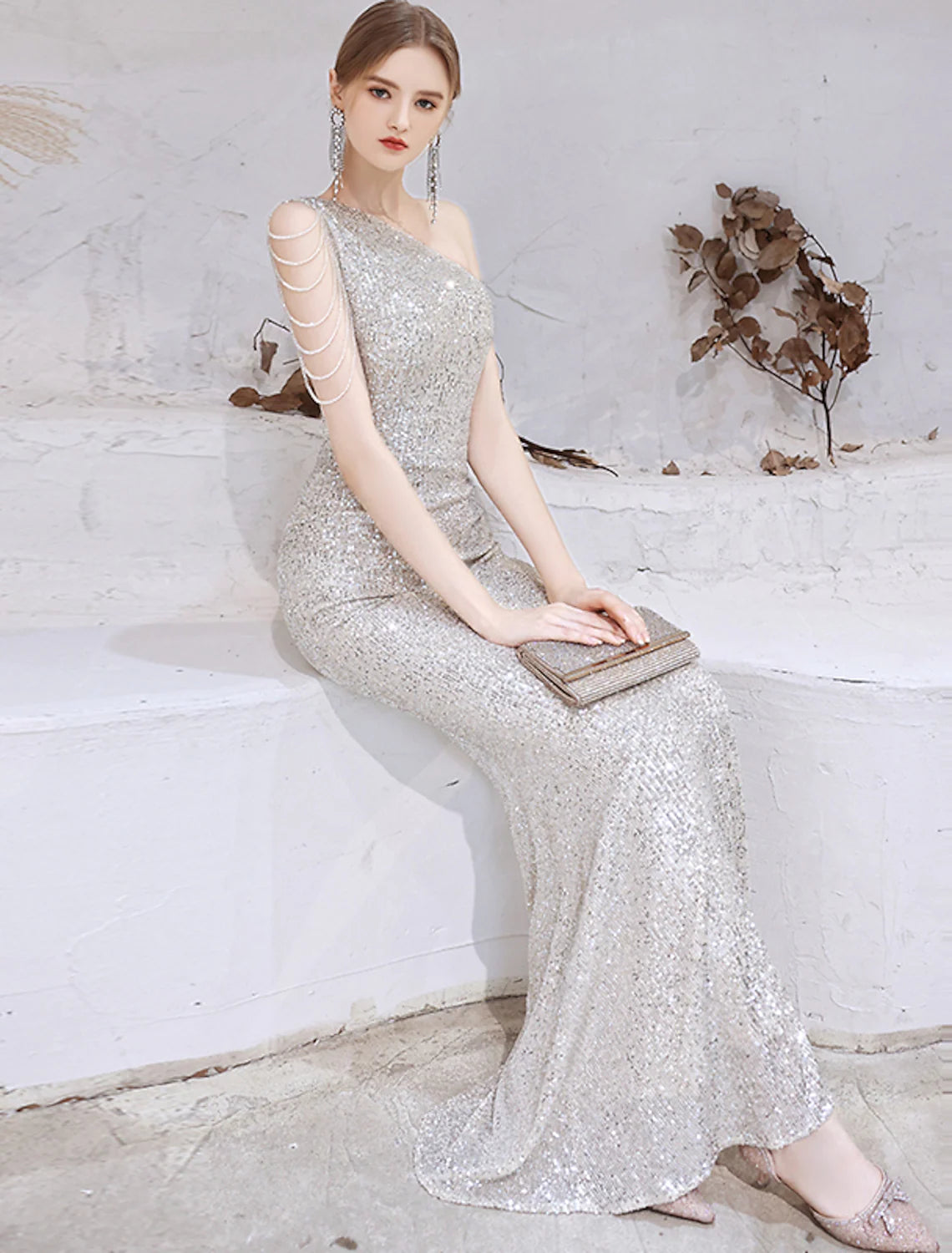 Mermaid / Trumpet Evening Gown Sparkle Dress Wedding Guest Floor Length Sleeveless One Shoulder Sequined with Beading Sequin