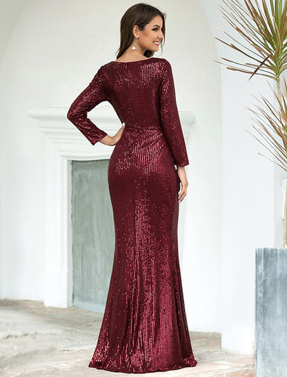 Sheath / Column Sexy Furcal Formal Evening Dress Plunging Neck Long Sleeve Floor Length Sequined with Sequin Split Front