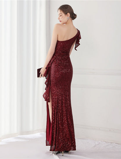 Mermaid / Trumpet Elegant Sexy Wedding Guest Formal Evening Dress One Shoulder V Back Sleeveless Floor Length Sequined with Sequin Slit