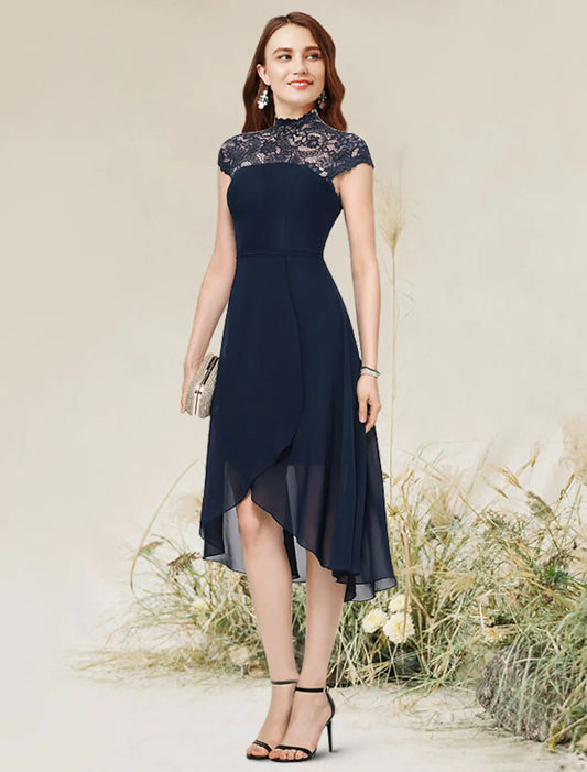 A-Line Cocktail Dresses Flirty Dress Homecoming Asymmetrical Sleeveless Jewel Neck Chiffon with Lace Insert