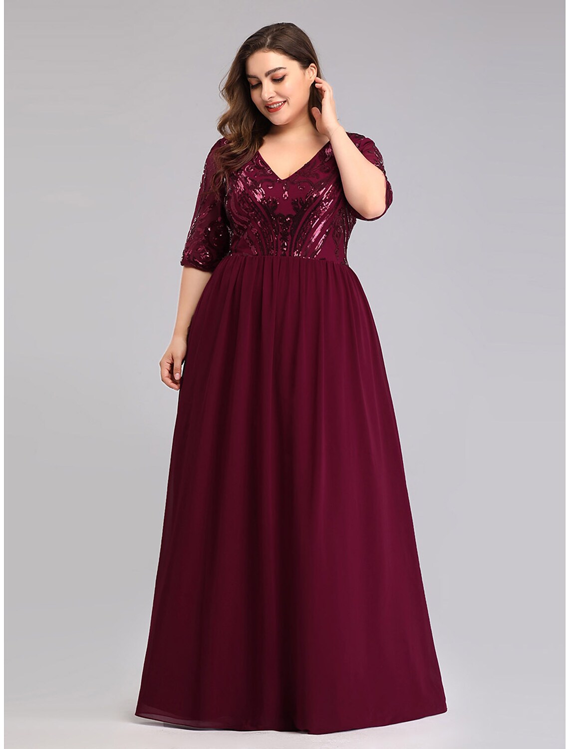 A-Line Prom Dresses Plus Size Dress Wedding Guest Floor Length Half Sleeve Plunging Neck Chiffon