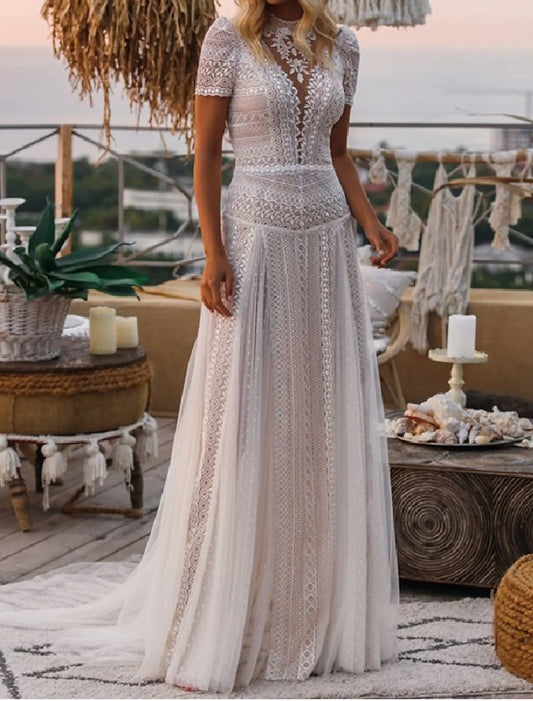 Beach Boho Wedding Dresses Court Train A-Line Short Sleeve High Neck Lace With Appliques