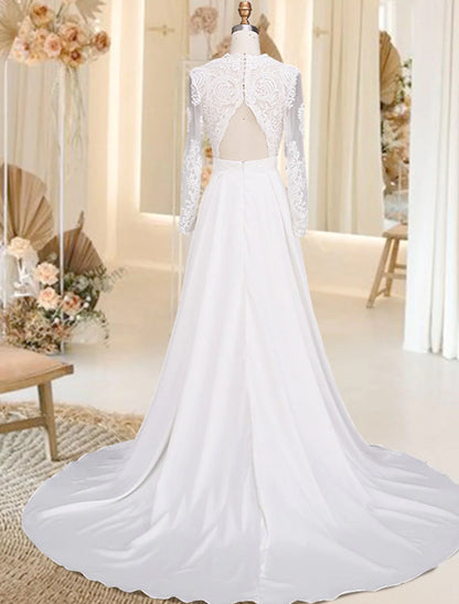 Beach Open Back Wedding Dresses Court Train A-Line Long Sleeve V Neck Satin With Appliques