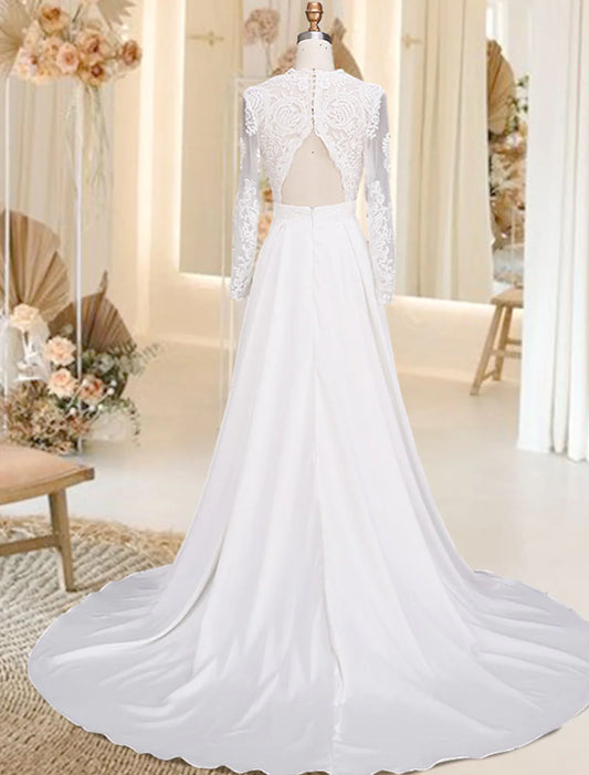 Beach Open Back Wedding Dresses Court Train A-Line Long Sleeve V Neck Satin With Appliques