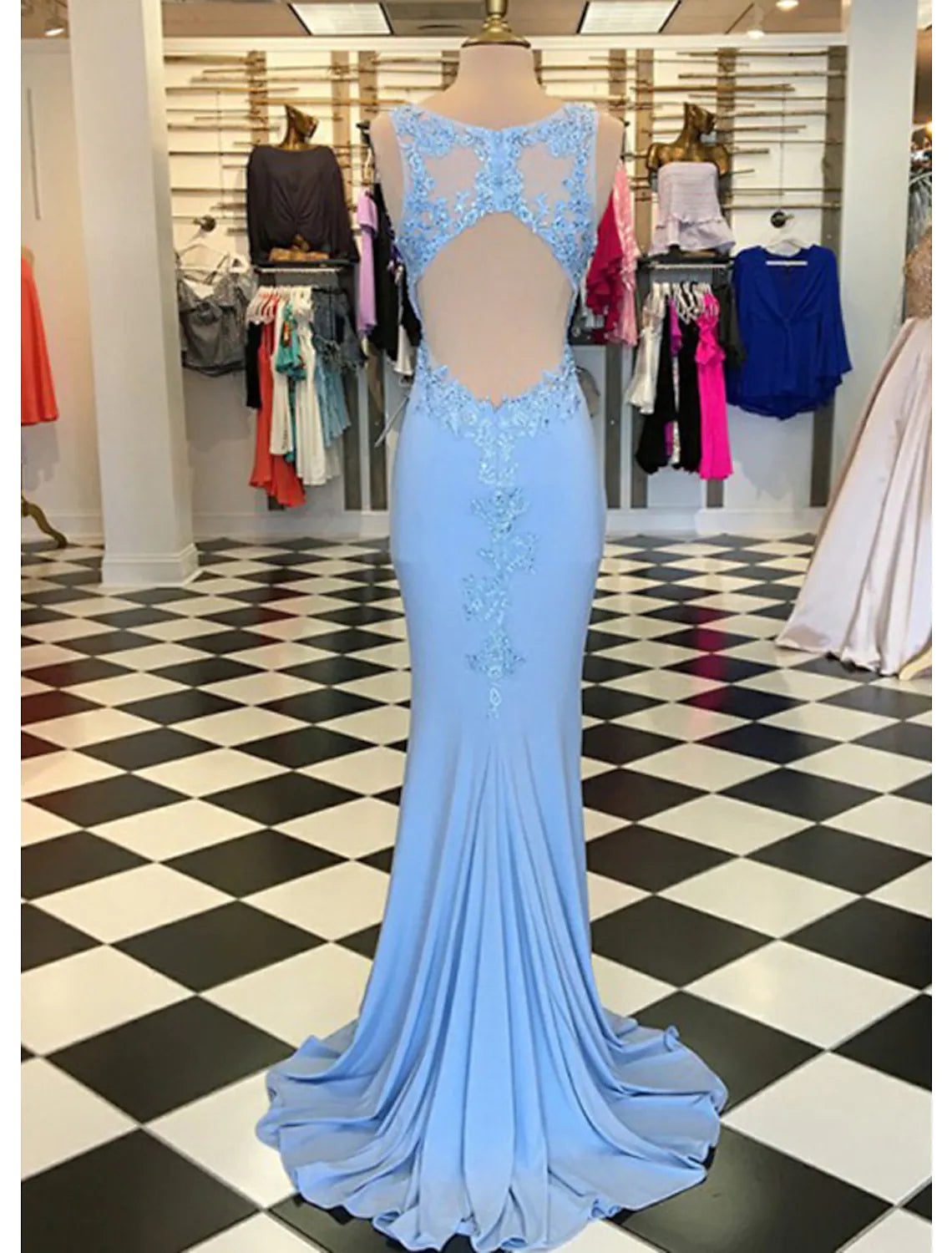 Trumpet/Mermaid Scalloped Neck Sleeveless Sweep Train  Satin Prom Dress With Appliqued