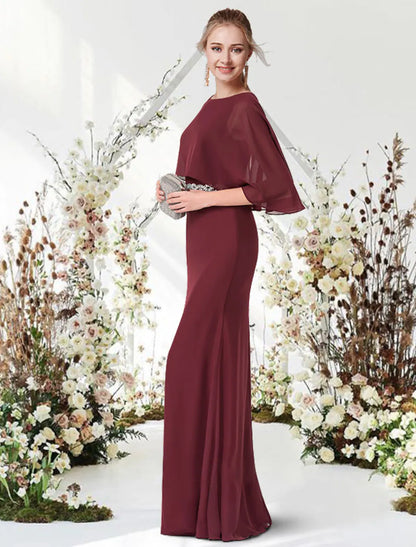 Sheath / Column Minimalist Elegant Engagement Formal Evening Dress Jewel Neck Half Sleeve Floor Length Chiffon with Sash / Ribbon