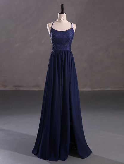 A-Line Evening Gown Elegant Dress Wedding Guest Floor Length Sleeveless Spaghetti Strap Chiffon Crisscross Back with Sequin Slit