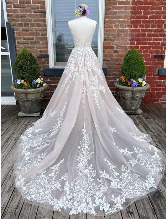 Engagement Wedding Dresses in Color Formal Wedding Dresses Chapel Train A-Line Sleeveless Spaghetti Strap Lace With Buttons Appliques